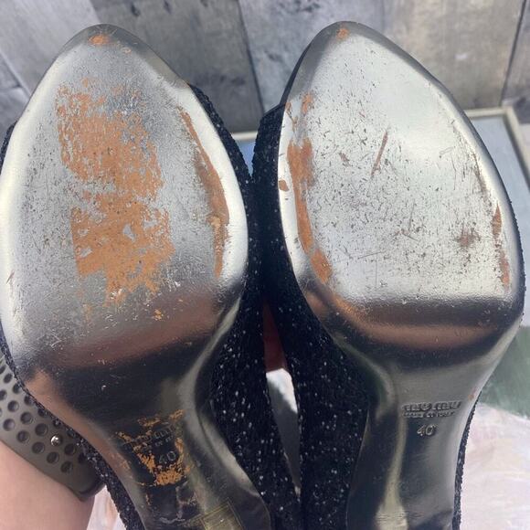 Miu Miu Black Patent Leather Glitter Peep Toe Platform Heels Size 40/9 - Picture 13 of 15